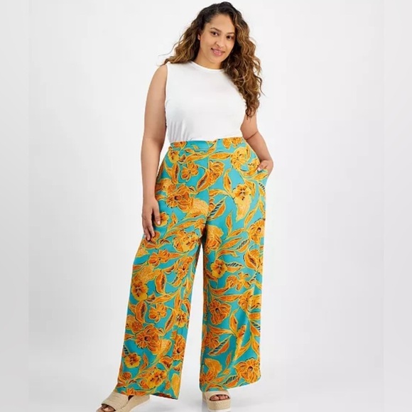 Bar III Pants - Women’s Bar III Trendy Floral Flat Front Wide Leg Pants Plus Size 14 Petite